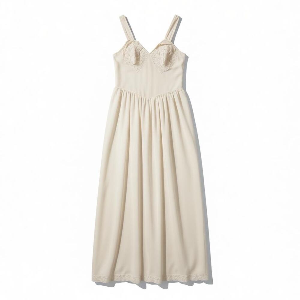 Vintage Blush Nylon Slip Dress Lace Bodice Maxi Nightgown Romantic Cottagecore